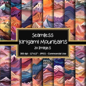 Kirigami Mountain Seamless Digital Paper, Kirigami Pattern, 12&quot;x12, 20 Images, Commercial Use, Colorful Kirigami Mountain Scene
