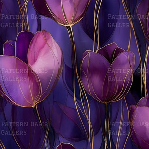 May include: A digital art print featuring stylized purple tulips with gold outlines against a dark purple background. The image has the text "PATTERN OASIS GALLERY" repeated throughout.
