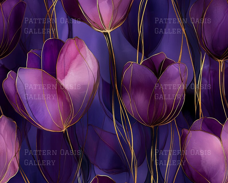 May include: A digital art print featuring stylized purple tulips with gold outlines against a dark purple background. The image has the text "PATTERN OASIS GALLERY" repeated throughout.