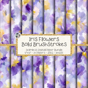 Purple Iris Digital Paper Bundle, Seamless Watercolor Floral Patterns, Lavender Gold (Digital Download)