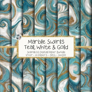May include: A collection of digital papers featuring a marble swirl design. The papers showcase teal, white, and gold colors in a seamless pattern. The text on the image reads "Marble Swirls Teal, White & Gold" and "Seamless Digital Paper Bundle 12"x12" - 20 Papers - JPEG - 300DPI."