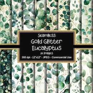 Carta digitale senza giunte Glitter oro eucalipto, verde salvia e oro, 12"x12, 20 immagini, uso commerciale, verde, botanico, floreale