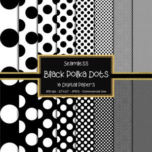 Schwarze Punkte nahtloses digitales Papier, 12 "x 12", 16 Papiere, kleine und große Punkte, gepunktet, schwarz weiß gefärbte Punkte, Scrapbook