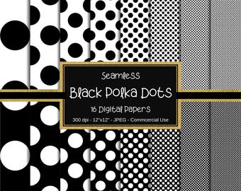 May include: A set of 16 digital papers featuring seamless black polka dot patterns on a white background. The patterns vary in size and density of the polka dots. The text "Seamless Black Polka Dots 16 Digital Papers 300 dpi - 12"x12" - JPEG - Commercial Use" is displayed on a gold and black banner.
