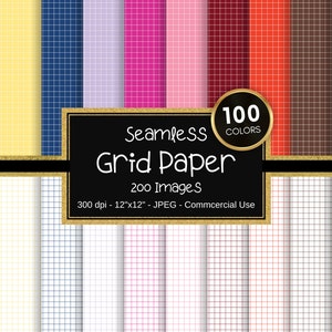 May include: A set of 100 digital grid paper backgrounds in various colors. Each background is 12 inches by 12 inches and 300 dpi. The text "Seamless Grid Paper 200 Images 300 dpi - 12"x12" - JPEG - Commercial Use" is displayed on a black background with gold trim.