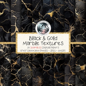 Carta digitale senza soluzione di continuità effetto marmo nero e oro, texture in marmo nero con venature in lamina d'oro, sfondi in marmo, scrapbooking digitale,