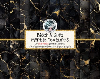 Black and Gold Marble Seamless Digital Paper, Black Marble Textures with Gold Foil Veins, Marble Backgrounds, Digital Scrapbooking,