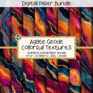 May include: A digital paper bundle showcasing agate geode textures in vivid colours. The design incorporates blue, orange, purple, and gold hues, with the text "Agate Geode Colorful Textures" and "12"x12" - 20 Papers - JPEG - 300DPI".