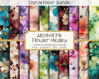 Alkohol Tinte Blumen Nahtlos Digitales Papier, Floraler Hintergrund, 20 Bilder, 20 "x 12", lebendige Farben, Blumen Medley, Alkohol Tinte Muster