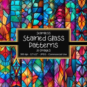 Stained Glass Seamless Patterns - Stained Glass Digital Papers, 20 Designs, 12&quot;x12&quot;, Stained Glass Sublimation, Commercial Use, Scrapbooking