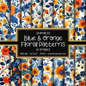 May include: A set of 20 digital seamless patterns featuring blue and orange floral designs. The patterns are 12 inches by 12 inches and 300 dpi. They are perfect for crafting, scrapbooking, and other creative projects.