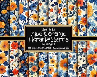 Blue and Orange Floral Seamless Pattern, Blue and Orange Flowers Digital Paper, 20 Designs, 12"x12", Commercial Use, Floral Pattern