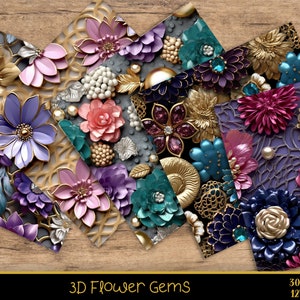 May include: A set of six digital paper designs featuring 3D flower and gem patterns. The papers feature a variety of colours, including purple, pink, blue, gold, and white. The designs are perfect for creating invitations, cards, scrapbook pages, and other craft projects.