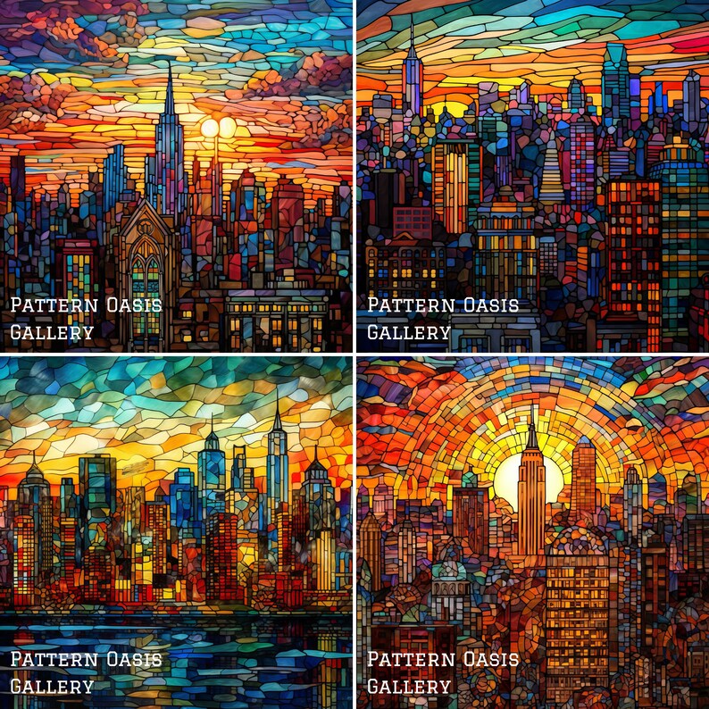 Stained Glass New York City Digitales Papier, Skyline Glasmalerei