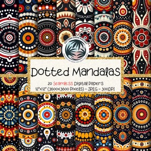 Carta digitale senza soluzione di continuità con mandala punteggiati, motivo mandala senza soluzione di continuità, 12"x12", 20 immagini, uso commerciale, tecnica artistica a pois, scrapbooking