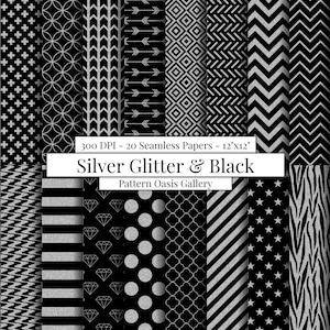 Op de afbeelding: Een verzameling van 20 naadloze digitale papieren met zwarte en zilveren glitterpatronen. De ontwerpen omvatten geometrische vormen, pijlen, diamanten en sterren. De tekst luidt "Silver Glitter & Black". Elk papier is 30,48 cm x 30,48 cm groot.