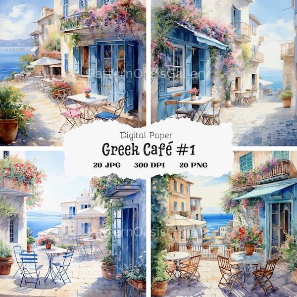 20 Greek Cafes Images, Greek Café Clipart, Greek Restaurant, Greek Summer, Cafe Illustration, Printable Watercolor Clipart, JPGs & PNGs, #39