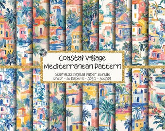 Tropical Coastal Village Digital Paper Bundle, Seamless Watercolor Mediterranean Pattern (Digital Download)