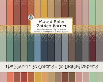 Muted Boho Golden Border Digital Paper Bundle, Glitter Edge Backgrounds, 30 Colors (Digital Download)
