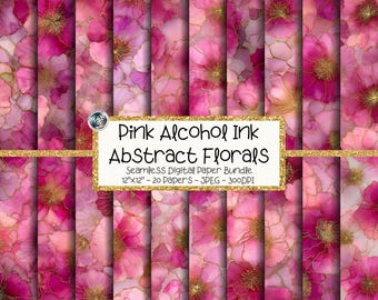 Pink Floral Digital Paper Bundle, Seamless Alcohol Ink Flower Patterns (Digital Download)