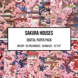 Sakura House Japan Digital Paper, Sakura, Pagoda, Mount Fuji, Digital Paper, 20 Seamless Patterns, Printable Papers, Commercial Use,
