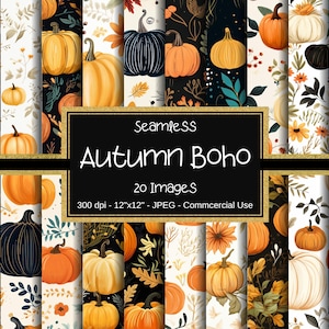 Autumn Boho Seamless Digital Paper, Autumn Patterns, 20 Designs, 12&quot;x12&quot;, Autumn Boho Pumpkins, Commercial Use, Fall Boho Seamless Patterns