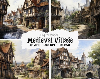 Watercolor Medieval Village Clipart, Wall Art (JPG & PNG)