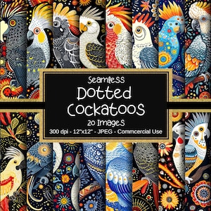 Dotted Cockatoo Seamless Digital Paper, Seamless Bird Pattern, 12"x12", 20 Images, Commercial Use, Dot Art Technique, Scrapbooking