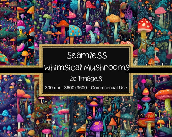 Colorful Whimsical Mushrooms Seamless Patterns, Colorful Mushrooms Digital Paper, 20 Designs, 12x12in, Commercial Use, Mushroom Patterns