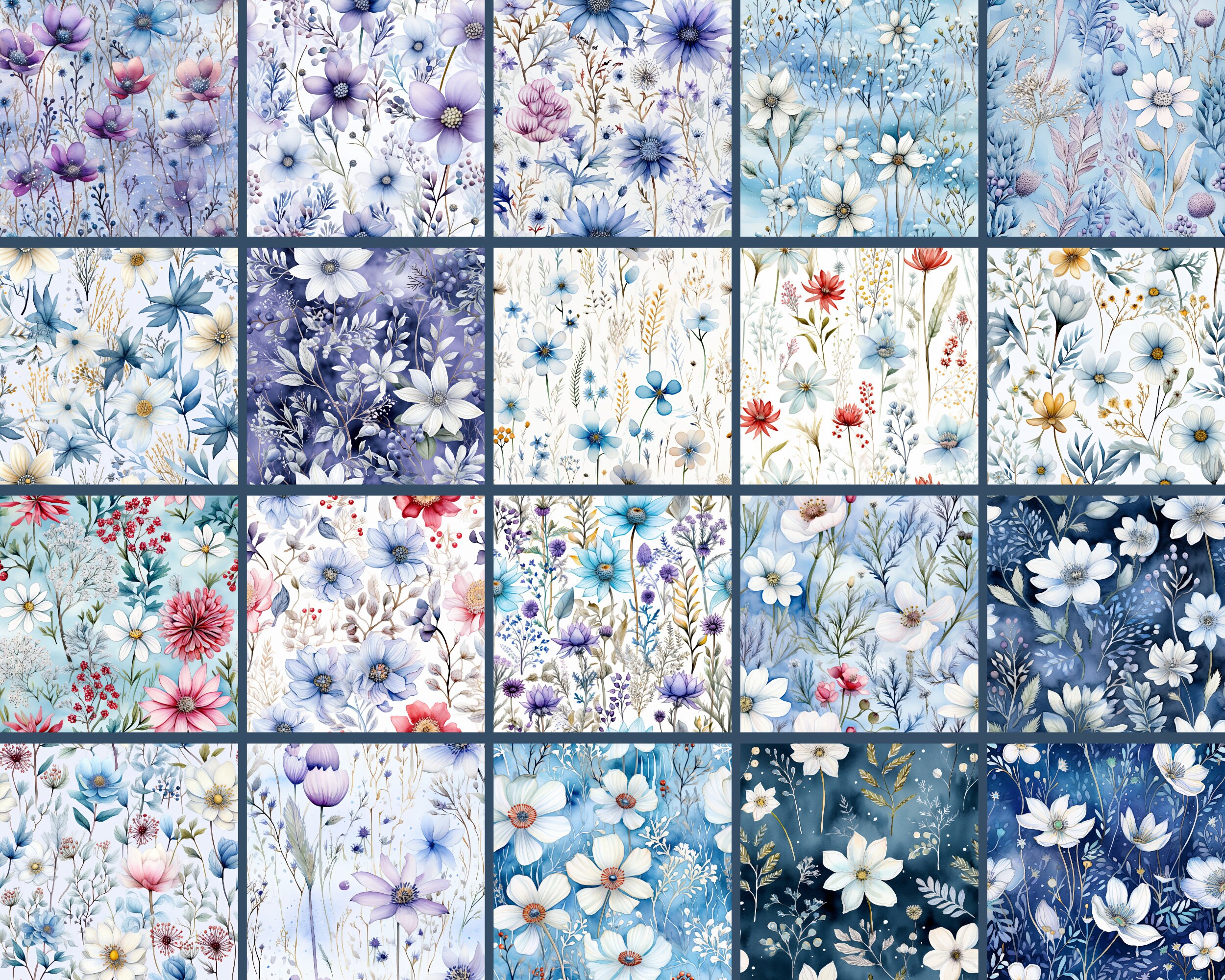 Winter Wildflowers Seamless Digital Papers, Snowy Wildflower Patterns ...
