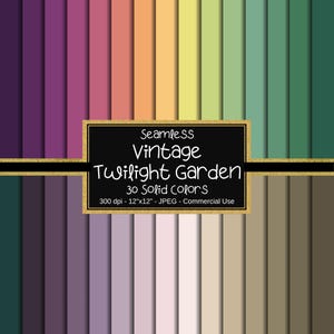 May include: A digital paper pack with 30 solid colours in a seamless pattern. The colour palette includes shades of purple, orange, yellow, green, and brown. The text on the image reads "Seamless Vintage Twilight Garden 30 Solid Colors 300 dpi - 12"x12" - JPEG - Commercial Use."