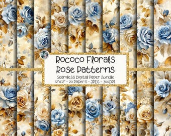 Blue Rose Rococo Digital Paper Bundle, Seamless Vintage Floral Pattern Pack (Digital Download)