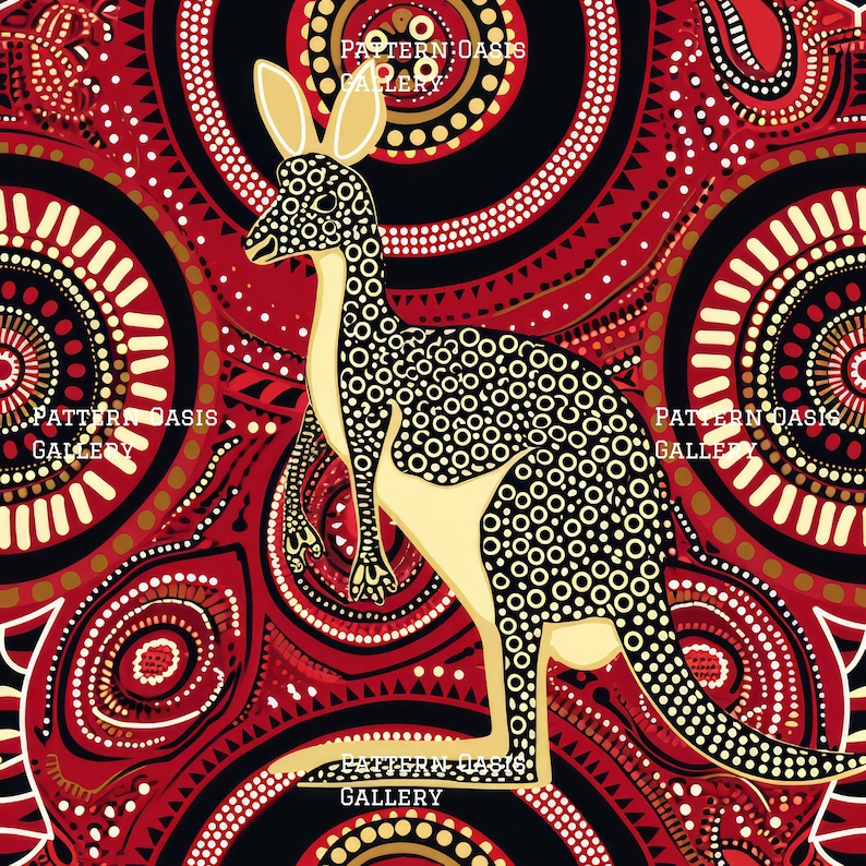 Puede incluir: Un canguro amarillo con patrones de puntos negros y blancos se encuentra sobre un fondo rojo, negro y blanco con c&iacute;rculos conc&eacute;ntricos y formas geom&eacute;tricas. El texto "PATTERN OASIS GALLERY" aparece en la parte superior e inferior de la imagen.
