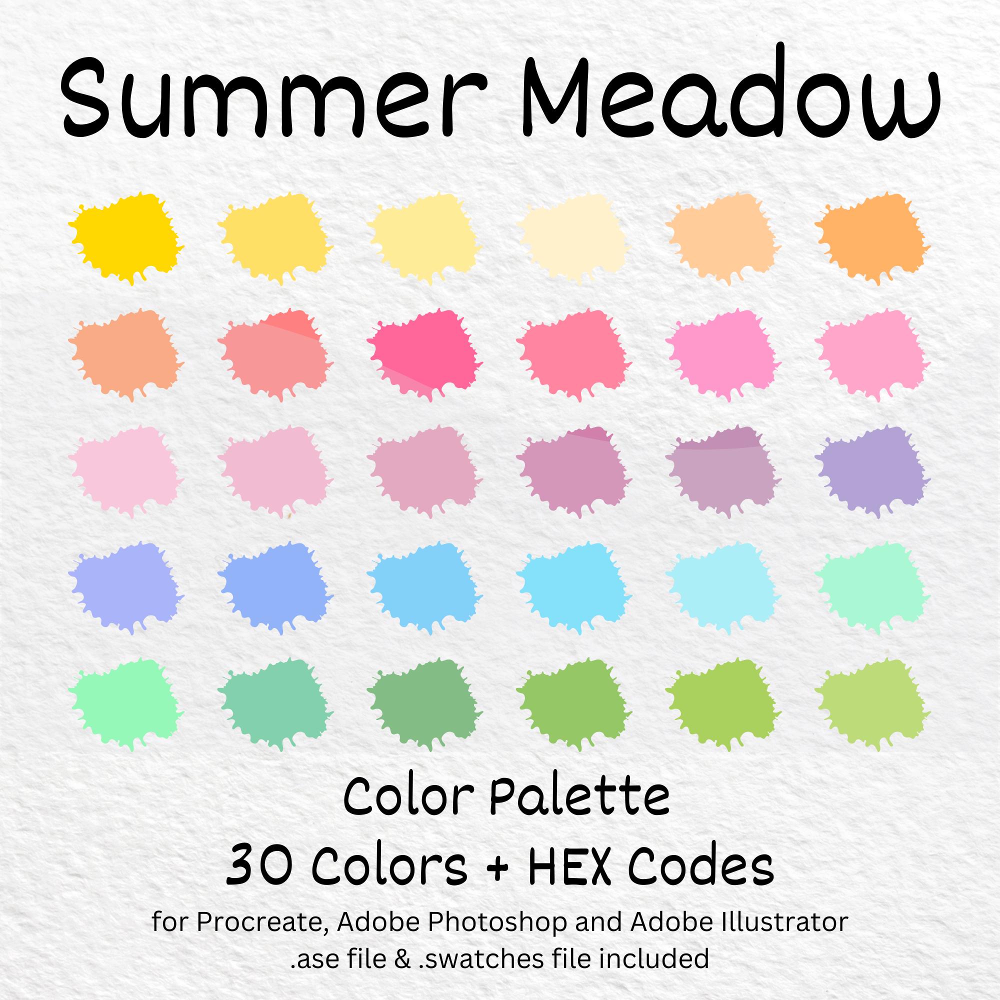 Paleta de colores pastel Prado de Verano para Procreate, Photoshop e Illustrator con muestras HEX
