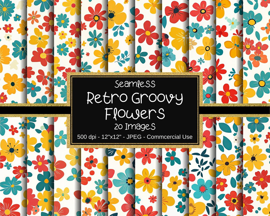 Retro Groovy Flowers Seamless Digital Paper, Spring Floral Pattern, 12 ...