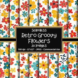 Papel digital sin costuras con flores retro y elegantes, patrón floral primaveral, 12 x 12 pulgadas, 20 imágenes, álbumes de recortes, comercial, flores estilizadas, vibrantes