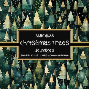 May include: 20 seamless digital paper patterns featuring watercolour Christmas trees in shades of green and gold with a starry night background. The patterns are 12 inches by 12 inches and 300 dpi.