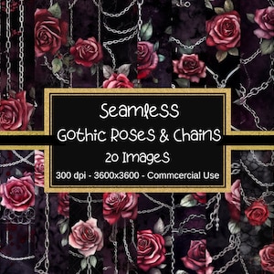Può includere: Un set di 20 motivi di carta digitale senza cuciture con rose rosso scuro e catene argentate su uno sfondo nero. I motivi sono di 3600x3600 pixel e 300 dpi. Il testo "Seamless Gothic Roses & Chains 20 Images 300 dpi - 3600x3600 - Commercial Use" è visualizzato sull'immagine.