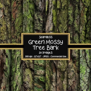 May include: A digital image featuring a collection of tree bark textures. The bark is primarily brown with patches of green moss. A black rectangle with gold trim displays the text "Green Mossy Tree Bark" and other details.
