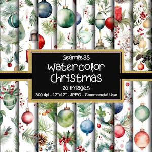 Watercolor Christmas Seamless Digital Paper, Christmas Seamless Patterns, 20 Designs, 12&quot;x12&quot;, Commercial Use, Holiday Scrapbook Papers