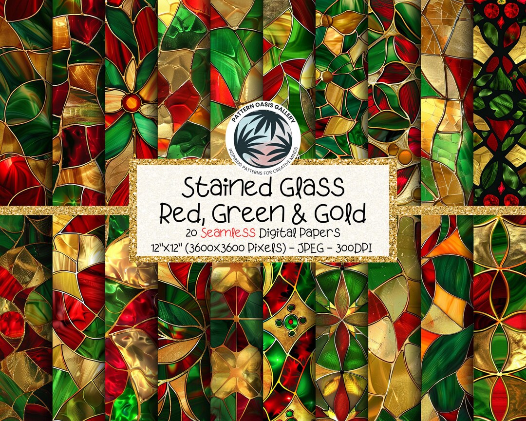 Stained Glass Seamless Digital Paper, Red Green Gold Stained Glass ...