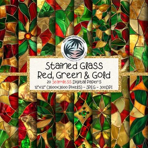 Papel digital continuo con diseño de vitrales, patrones de vitrales en rojo, verde y dorado, 30,5 x 30,5 cm, 20 diseños, patrones abstractos de vitrales, Navidad