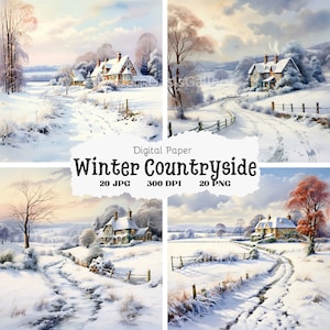 May include: A digital paper pack featuring 20 images of a snowy winter countryside scene with a quaint cottage and a winding path. The images are 300 DPI and available in both JPG and PNG formats.