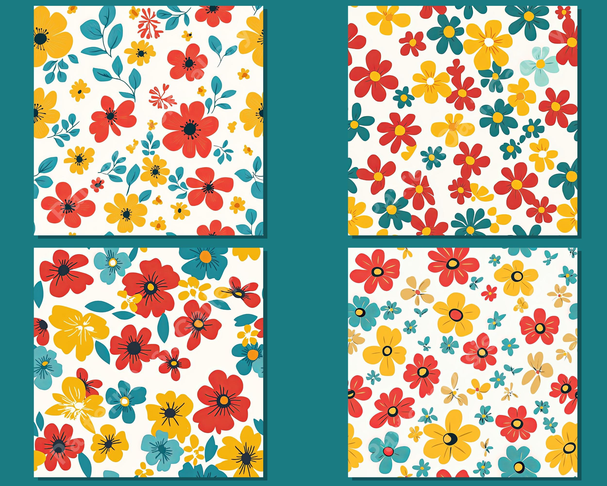 Retro Groovy Flowers Seamless Digital Paper, Spring Floral Pattern, 12 ...