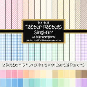 Papier numérique sans couture motif Vichy, couleurs pastel de Pâques et blanc, page de scrapbooking, arrière-plan, usage commercial, 12 x 12 po, 60 papiers, pastel