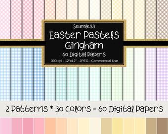 Gingham Pattern Seamless Digital Paper, Easter Pastel Colors & White, Scrapbook Page, Background, Commercial Use, 12"x12", 60 Papers, Pastel