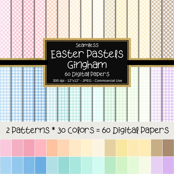 Gingham Pattern Seamless Digital Paper, Easter Pastel Colors & White, Scrapbook Page, Background, Commercial Use, 12"x12", 60 Papers, Pastel