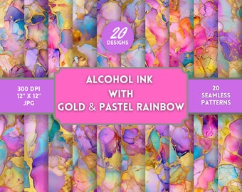 Pastel Rainbow Gold Alcohol Ink Abstract Digital Paper, 20 SEAMLESS Patterns, Vibrant Colors, Scrapbooking, Commercial Use, Printable Paper