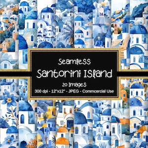 Carta digitale senza cuciture Santorini, modelli dell'isola di Santorini, modello Santorini, dolci colline, 20 disegni, 12"x 12", modello greco colorato