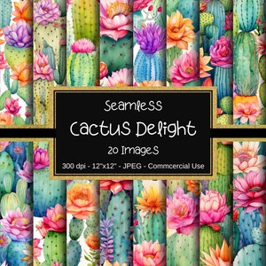Cactus Delight motifs sans couture, papier numérique aquarelle cactus, 12 x 12 po, 20 modèles, sublimation florale de cactus, usage commercial